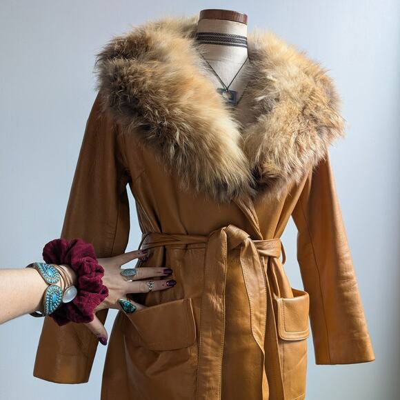 Vintage Mustard Leather Penny Lane Jacket Groovy Fur Trim 70s Trench Coat Medium - Picture 7 of 10